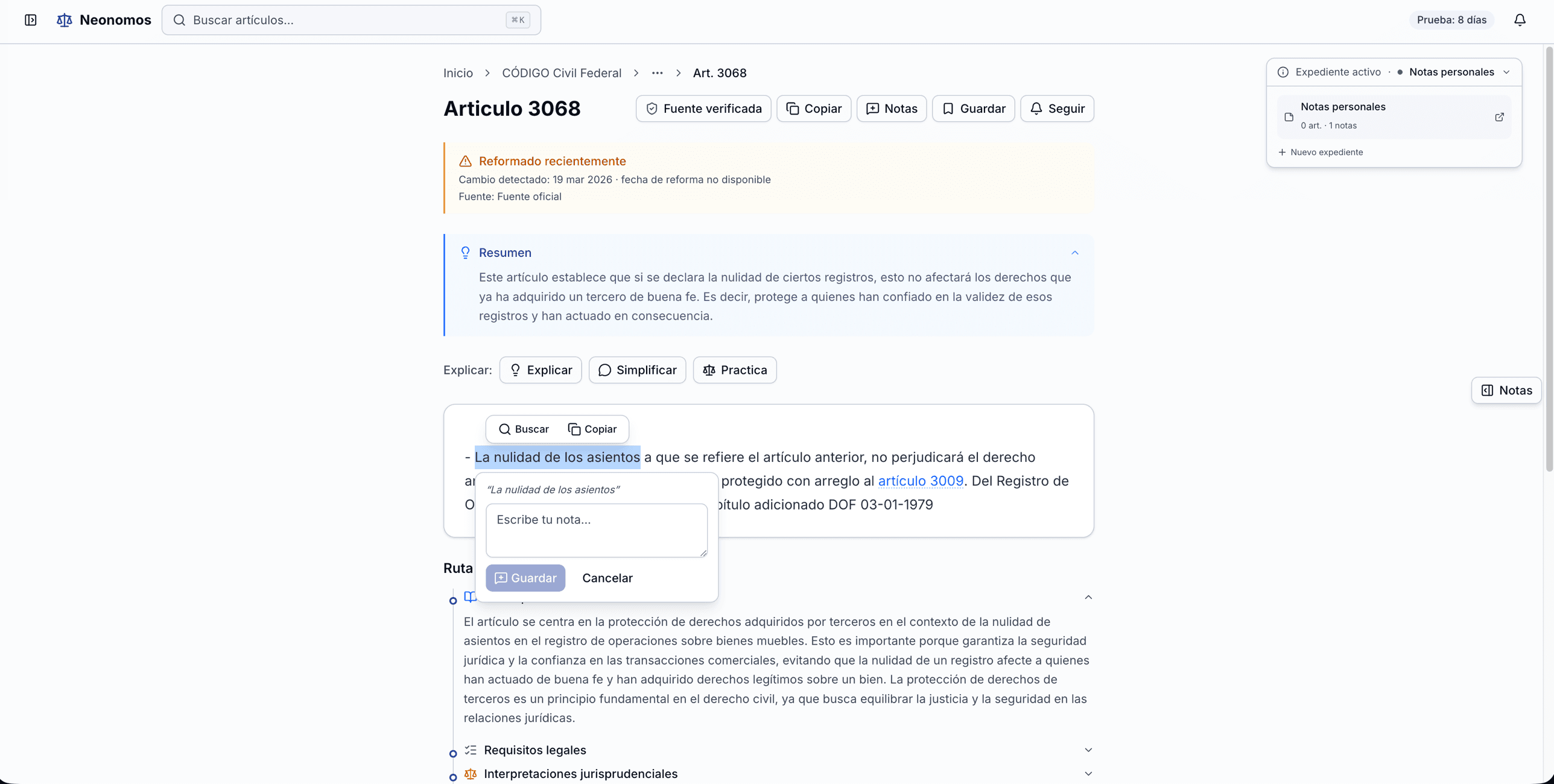 Vista de artículo: texto, tesis vinculadas, versiones y acción para añadir al área de estudio